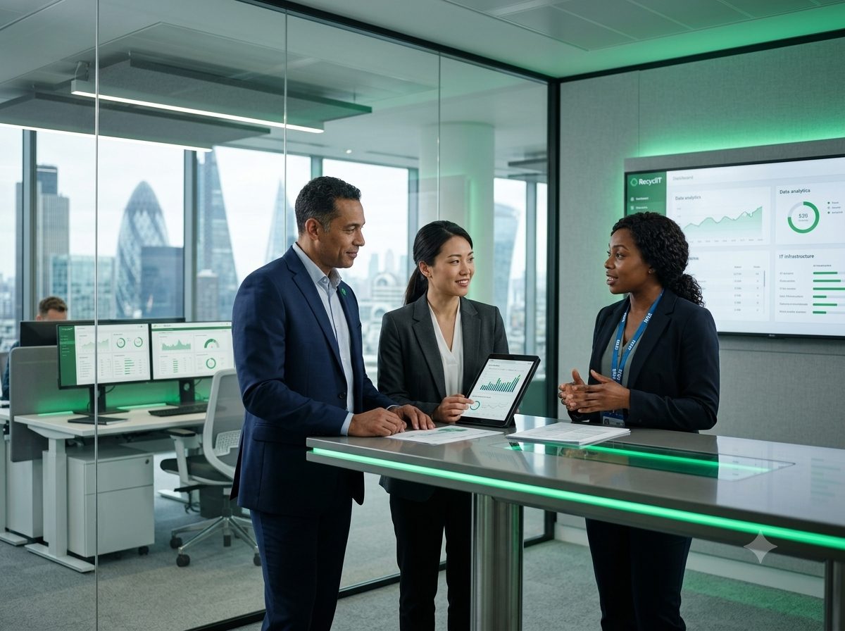 Professional team collaborating in a modern office environment