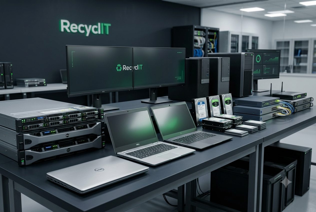 Assorted IT equipment ready for recycling including computers, servers and peripherals